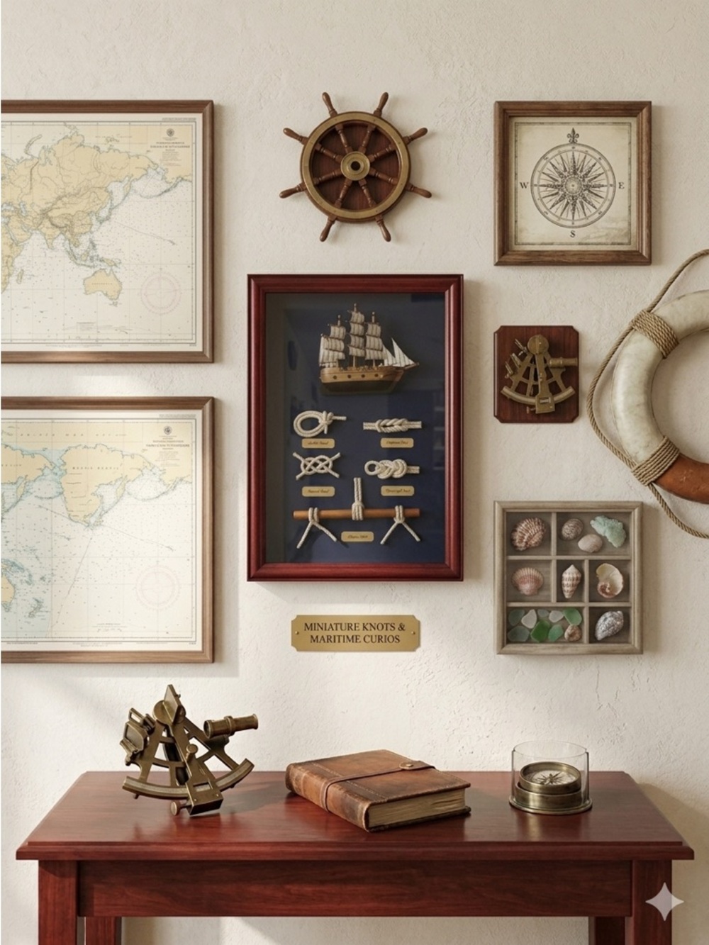Framed Ship Model with Nautical Knots Display Collectible